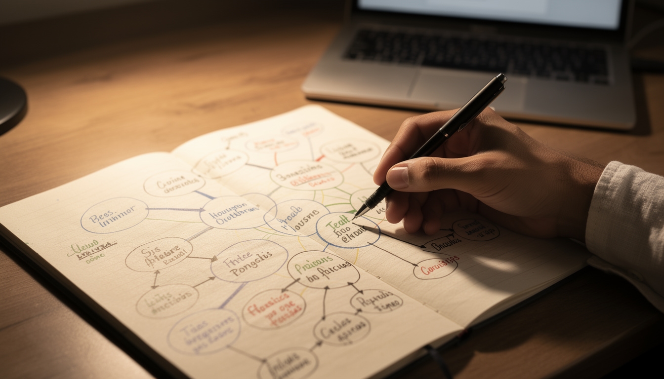 Mapa de clústeres de contenido en pizarra con post-its