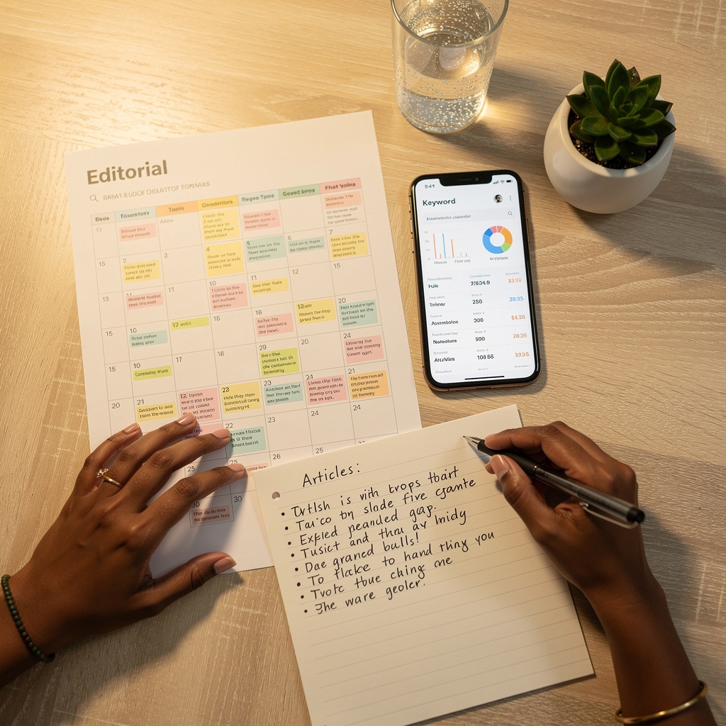Sesión de planificación de contenido editorial en oficina