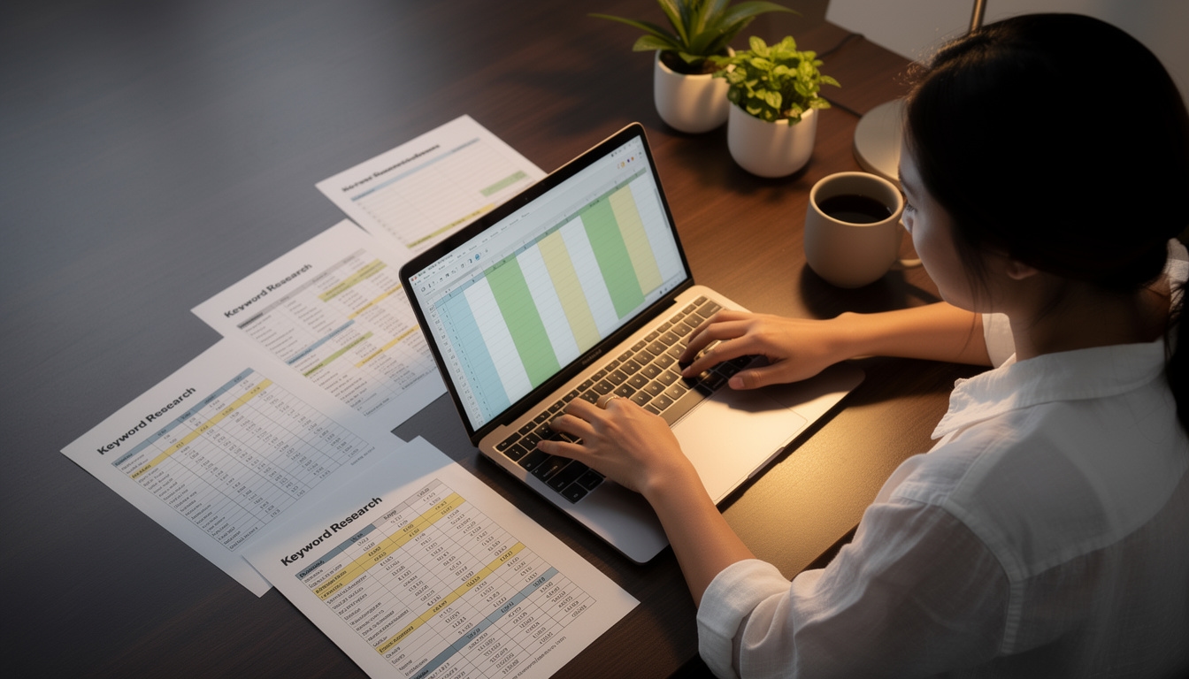 Estrategia de contenido SEO en escritorio con notas y análisis